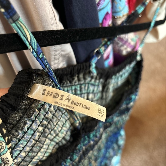 Y2K Teal Blue Paisley Boho Smocked Stretchy Flowy Festival Summer Indie Dress OS - Picture 5 of 5